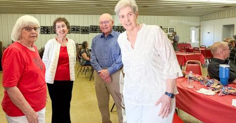 Zenith Swift Hickey, left, Barbara Lennon Roberson, Garth Lewis and Judy Ellis Lemons reminisce during the 69th Annual Dodson Ex-Student reunion Saturday, May 23. COURTESY PHOTO