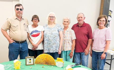 Jeff Pastor, Glenda Anglin, Karon Sain, Beverly Ray, Kenneth Patterson and Linda Duke serve as guests of honor at the recent Wellington Senior Citizens Center May birthday celebration. Following the traditional meal of chicken fried steak, mashed potatoes and gravy, mixed vegetables and tropical fruit, all enjoyed festive birthday cake and ice cream. Not pictured: Annette Bergstrom, Rachel Downing, Barbara Roberson, Marie White. WELLINGTON SENIOR CITIZENS CENTER