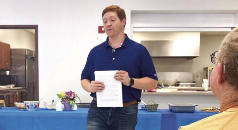 First United Bank Vice President and Branch Manager Alabama Bohannon offers tips to avoid scams at First Baptist Church’s (FBC) 55+ Fellowship Luncheon Tuesday, July 21, which welcomed 25 in attendance. Bohannon, introduced by FBC Pastor Tim Medley, also provided tips on how to prevent elderly financial exploitation. Welcoming questions from the group, Bohannon provided handouts, listing the many ways scammers try to take advantage of others. COURTESY PHOTO