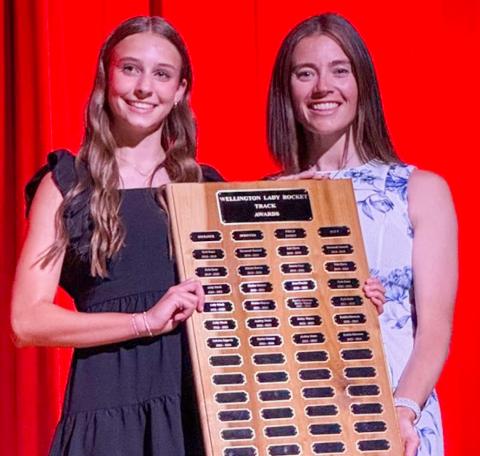During the 6:30 p.m. Monday, May 11 Wellington High School (WHS) All-Sports Banquet at the WHS Auditorium, students received recognition for an outstanding year of Skyrocket athletics. Wellington High School freshman Libby Chandler receives the Girls’ Track Sprinter Award, presented by Coach Courtney Head. SHAUNA SALINAS/THE GREENBELT INTREPID