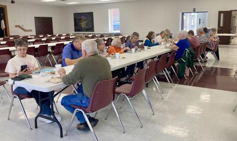 First Baptist Church (FBC) hosts a 55+ luncheon, welcoming 25 guests for baked potatoes, including all of the trimmings. FBC Pastor Tim Medley offered the blessing, as well as a post-meal word of inspiration about “maturing in Christ.” Raenell Smith