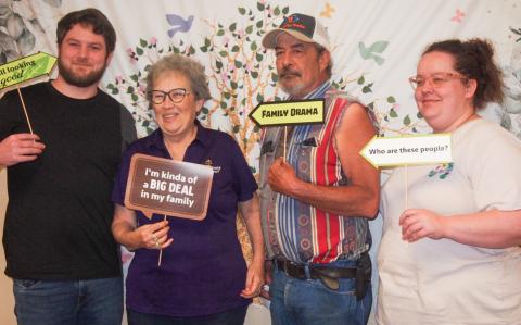 Among families at the annual Holman Reunion was that of David Holman, third from left. David, a graduate of Childress High School, is the son of Duwaine “Wayne” Holman and the grandson of Woodrow Holman. From left is David’s family: Slade Holman, son, of Rose Bud, Ark.; David’s wife, Sandra; David; and his daughter. Baile Prince, of Conway, Ark. GRACE HOLMAN
