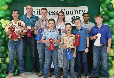 Childress County 4-H members who completed Record Books include, from left, Quay Bruce, Sterling Bruce, Ryker Schaefer, Kage Whitaker, Liesel Schaefer, Dawson Adcock, Rhett Schaefer, Bryson Session, and Kolt Whitaker. COURTESY PHOTO