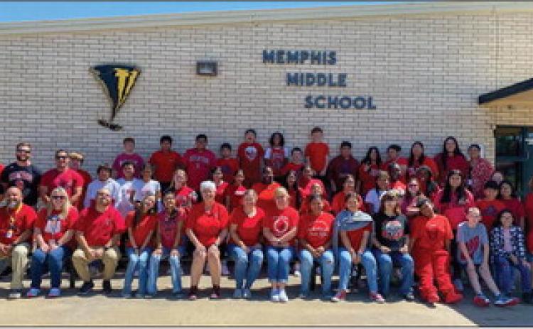 Photos Courtesy of Memphis ISD Memphis ISD students and staff sport red Wednesday, Sept. 7, following the death of Chillicothe High School students Lexi Jo Flynn, 16, and Zoey Flynn, 14, who were involved in a fatal wreck Thursday, Sept. 1.