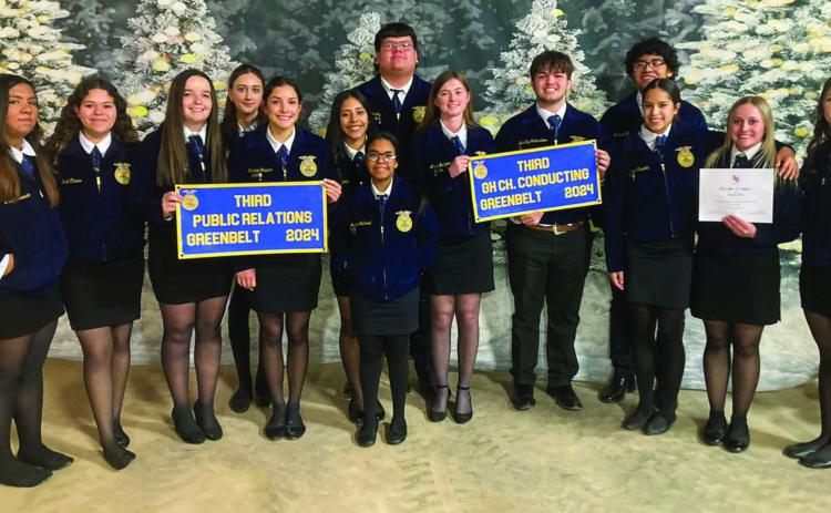 Memphis High School Future Farmers of America (FFA) members attend the Greenbelt District FFA District Banquet Monday, Dec. 9, collecting Leadership Development Event (LDE) banners, as well as receiving State FFA Degree acknowledgement. Photos Courtesy of Memphis ISD