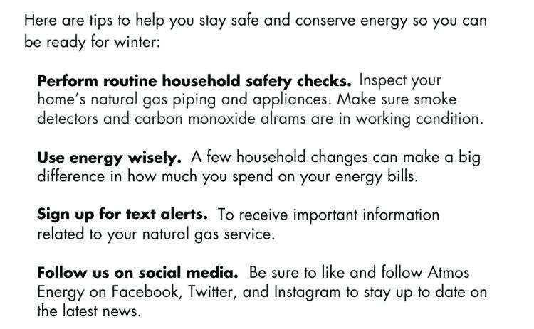As colder weather arrives, households can conserve energy by following a few simple tips. Graphic Courtesy of Atmos Energy