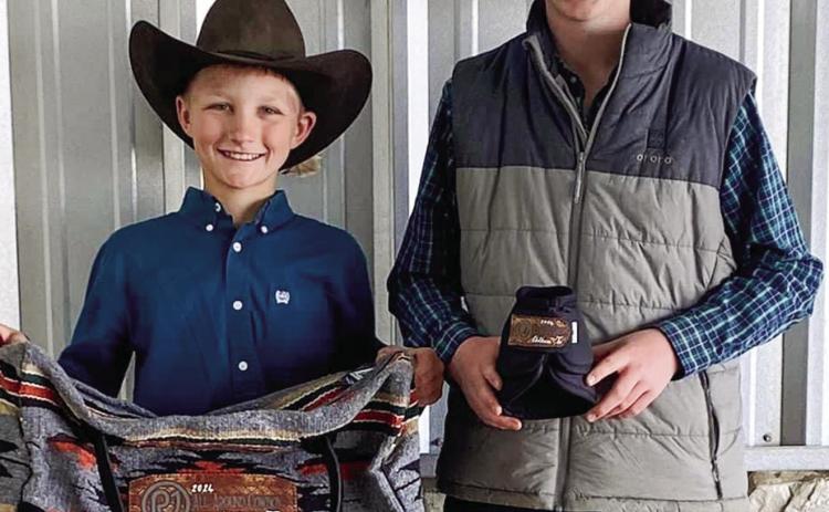 Sterling Bruce, right, of Childress, as well as Cye Franzen, of Morse, take Junior High School All-Around Cowboy at the Tri-State Region 1 Rodeo, hosted by Canadian Rodeo Club, Saturday, March 23 and Sunday, March 24 at the Mashburn Event Center in Childress. Photos Courtesy of Tri-State Region 1 Rodeo Association