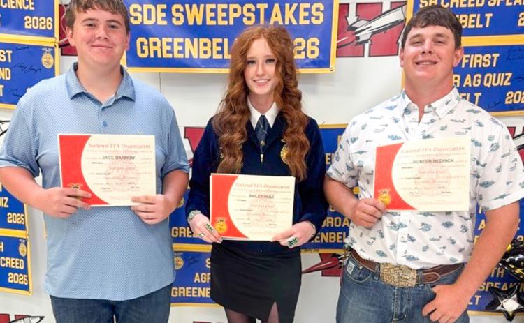 Earning prestigious Wellington Future Farmers (FFA) of America Lone Star Degrees are juniors Jace Darrow, left, Bailey Page and Hunter Hedrick. Additional students received an array of awards and recognitions during the event, celebrating the success, leadership and dedication of Wellington FFA members.