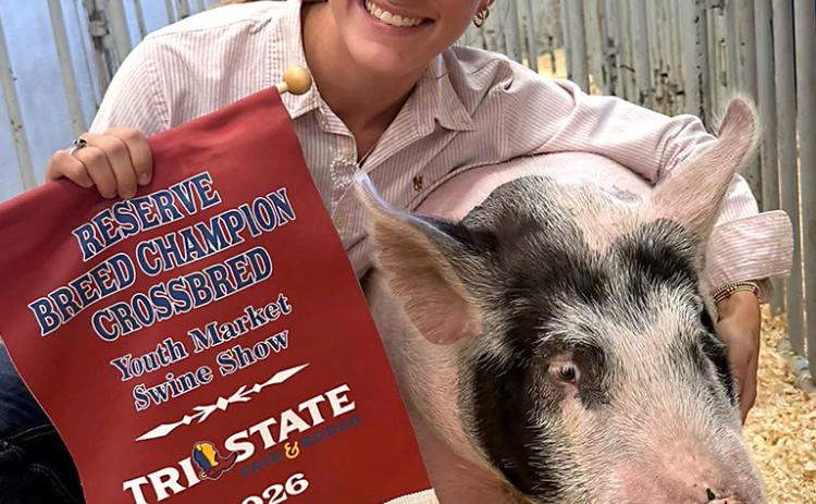 Wellington High School senior Maggie Tillman, representing Wellington FFA, garners the Reserve Crossbred Breed Champion distinction at the Saturday, Sept. 19, Tri State Fair Swine Show. Tillman won her middle weight class and the middle weight division prior to advancing to the final round. WELLINGTON HIGH SCHOOL