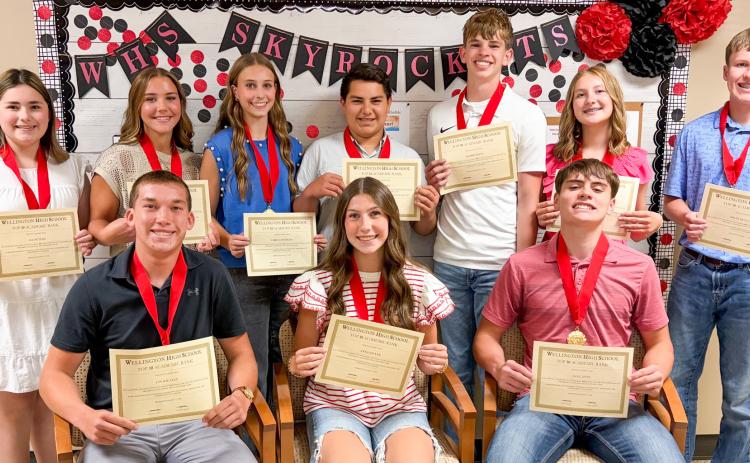 Freshman students earn Top 10 awards at the Wellington High School (WHS) Awards Assembly at 3 p.m. Monday, May 11 at the WHS auditorium. Front row, from left: Cix Killian, third; Anna Dwyer, first; Jax Cantu, second. Back row, from left: Ava Peters, fourth; Gannon Guy, fifth; Libby Chandler, sixth; Elvis Jaimes, seventh; Damon Keys, eighth; Hartley Kane, ninth; Miles Ouellette, 10th.