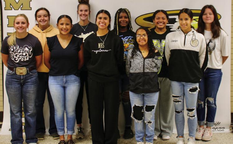 Memphis Lady Cyclone softball players, including, from left, junior Chloie O’Neal, junior Kali Murphy, junior Melanie Espinoza, senior Emma Talley, junior Sidda Thomas, junior Kalijah Mackie, freshman Jasmyne Gilchrest, junior Keona Pierson, freshman Jaelyn Gaxiola and sophomore Jordyn Altman, secure academic all-district selections. Photo Courtesy of Memphis ISD