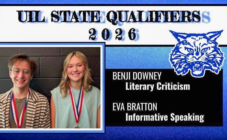Competing at the 3A Region 1 Academic UIL meet, Eva Bratton and Benjamin Downey punched their ticket to the upcoming UIL Academic State Meet, placing within the top three of their respective events Friday, April 24. Bratton, who competed in Informative Speaking, finished third, as well as Downey, who competed in Literary Criticism. COURTESY PHOTO