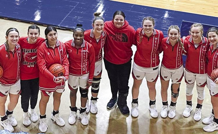 The Lady Rockets make a big comeback to defeat Little River Academy by a final score of 25-20 on Friday, Dec. 30, finishing the Brownwood Tournament with a 3-2 record. From left: Kaitlin Bawcom, Charley Wilbur, Abby Garcia, Asia Shrubs, Audrey Jones, Kali Brewer, Briley Waters, Harlee Gomez, Presley Kane, Brynlee Proffitt. Coach Cade Brown and Coach Skylar Warrick guide the Lady Rockets. Not pictured is Leslie Orozco. Courtesy Photo