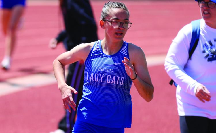Childress’ Hailey Holder rounds out a personal record and first-place time of 2:30.37 in the 800 meters at the recent UIL 3A District 2 Track and Field Championships at Antelope Stadium in Abernathy, qualifying for the area meet. Through the Lens of Liz/Elizabeth Oronia