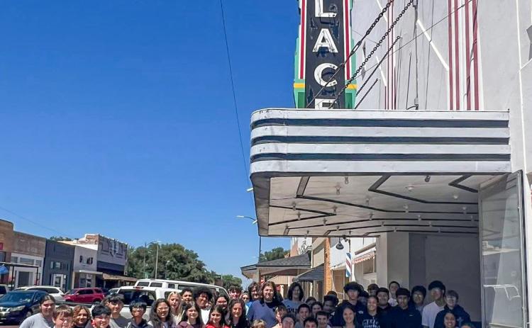 Childress Junior High School (CJHS) eighth-grade students, accompanied by CJHS educator Lee Chappell, visit the historic Palace Theater Tuesday, May 12. “It is always a blessing for the eighth-grade kids to come to the palace,” Childress Theater Company President Shelly Preston said. “Thank you, Lee Chappell, for making it happen and making a donation to the Palace Theater.” PALACE THEATER