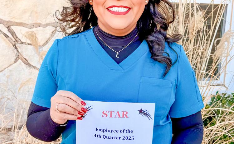 Janie Ramirez, Licensed Vocational Nurse, accepts the STAR (Service, Teamwork, Attitude and Results) distinction for the fourth quarter of 2025 for her dedication to supporting both patients and coworkers Collingsworth General Hospital