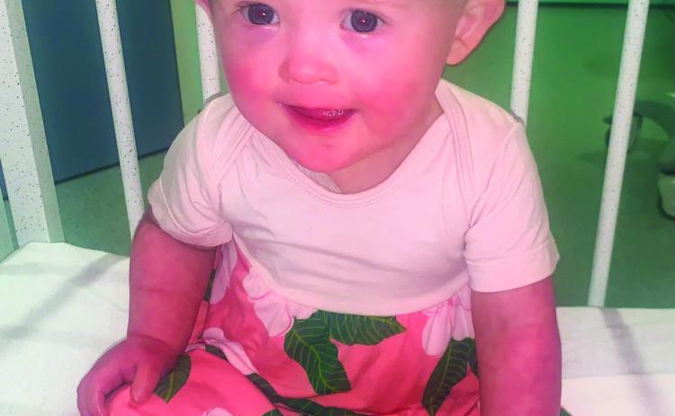 Almost 16-month-old Kaydence Mixon waits for her blood count to recover before beginning her third round of chemotherapy. Diagnosed in July with Acute Myeloid Leukemia (AML), she remains at Cook Children’s Medical Center in Fort Worth. Kaydence completed her second of six rounds of chemo Sept. 16. Courtesy Photo