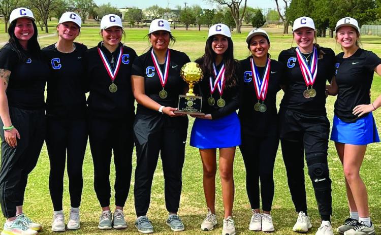 The Childress Lady Cats qualify for the regional golf tournament, taking gold at the recent district invitational. From left: Coach Kendalyn Ferguson, Harlie Meacham, Emma Jalomo, Cassandra Castor, Elena Jurado, Isa Jurado, Colee Cox and Joslynn Roark. Courtesy Photo