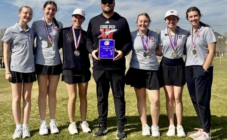 The Wellington Lady Rocket golf team puts on an impressive performance Monday, March 2, finishing as the first-place team at the AA-Regional Preview at Palo Duro Creek Golf Course in Canyon. They also came home with a first-place medal by Allie Duncan, a secondplace medal by Maggie Tillman and a sixth-place medal by Elli Ouellette. From left: Hartley Kane, Anna Dwyer, Tillman, Coach Klark Ashmore, Duncan, Ouellette, Brynlee Proffitt. Wellington High School