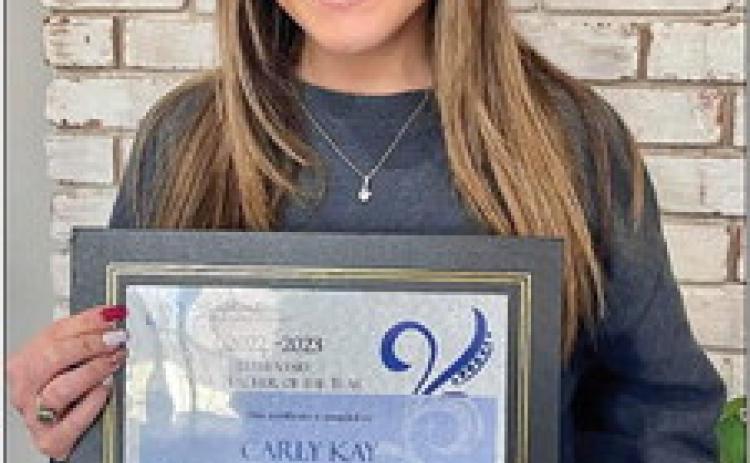 A 2015 graduate of Wellington High School, Carly Carter Kay is Oklahoma Virtual Charter Academy’s 20222023 Elementary New Teacher of the Year. Currently a fourth-grade online teacher, Kay received her bachelor’s degree in elementary education from West Texas A&amp;M University in 2018. The daughter of Billy and Donnie Carter, she served in the Wellington Independent School District Music Department from 2018-2021. Carly and her husband, Weston Kay, reside in Altus, Okla. Courtesy Photo