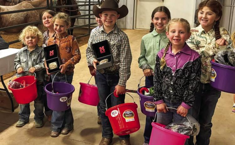 Pee wee winners include Champion Kage Whitaker; Reserve Champion Charlotte Rister; Bella Blue Sanders, third place; Evvy Kaas Kinney, fourth place; Brinley Mock, fifth place; Kodi Cabbell, sixth place; Lily Wyatt, seventh place; Iris Wyatt, eighth place; and Kiddo Kinney, ninth place.
