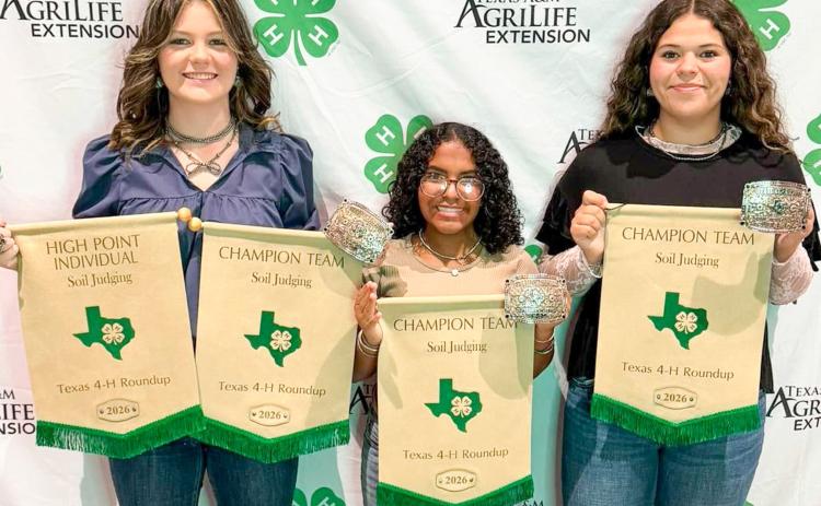 The Hall County 4-H Soil Judging team of Jordyn Altman, Briel Casas and Jasymne Gilchrest recently competed at the Texas 4-H State Roundup, Monday, June 1-Thursday, June 4 at Texas A&amp;M University in College Station, punching their ticket to nationals. The championship team, Altman was the high-point individual, while Casas placed sixth and Gilchrest placed 10th. HALL COUNTY 4-H