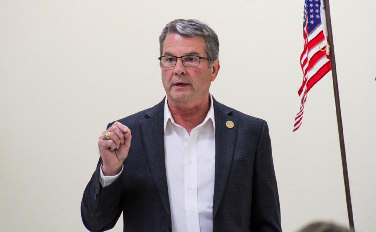 Sen. Charles Perry speaks to local constituents at the Childress town hall forum Tuesday, Jan. 18 at the Fair Park City Auditorium. The Red River Sun/Elizabeth Tanner