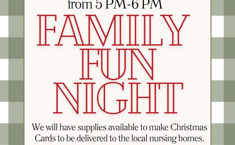 Childress Elementary School will host Family Fun Night from 5-6 p.m. Monday, Dec. 16. At the event, supplies will be available for make holiday cards, which will be delivered to local nursing homes. Following, first- and fourth-grade students will host their Christmas Performance in the Childress Elementary School gymnasium. First grade will perform at 5:30 p.m., followed by fourth grade at 6:30 p.m. Graphic Courtesy of Childress Elementary School