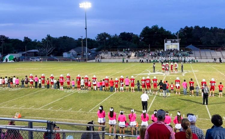 Wellington players and fans “pink out” Powell Field Friday, Oct. 24 in honor of Breast Cancer Awareness Month, as the Skyrockets handled the Shamrock Irish in a 67-7 win. Courtesy Photo