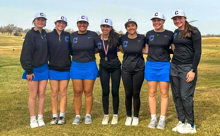 Courtesy Photo The Childress Lady Cats compete in the Amarillo High Golf Tournament Friday, Feb. 24 and Saturday, Feb. 25 at Ross Rogers Golf Course. From left: Harlie Meacham, Joslynn Roark, Cassandra Castor, Elena Jurado, Isa Jurado, Emma Jalomo, Colee Cox.