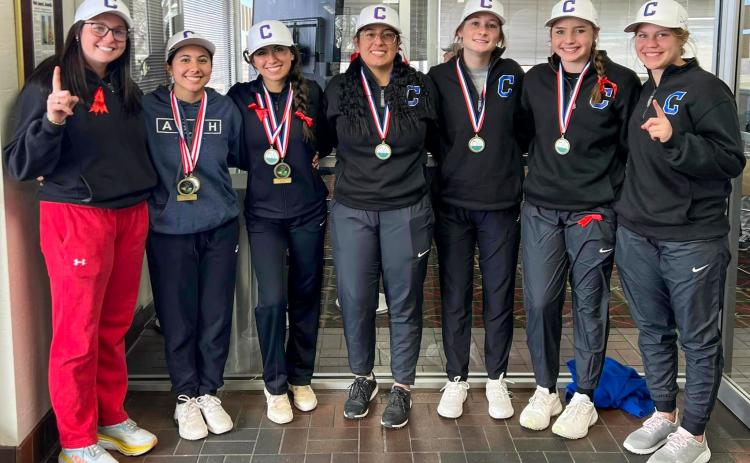 The Childress Lady Cat golf team takes a first-place finish at the Canadian Invitational Monday, Feb. 13. From left: Coach Kendalyn Ferguson, Isa Jurado, Elena Jurado, Cassandra Castor, Harlie Meacham, Colee Cox, Emma Jalomo.