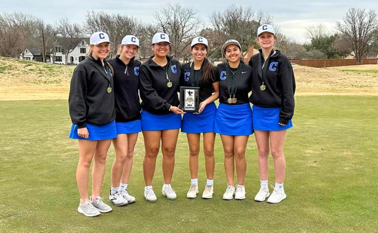 The Childress Lady Cat golf team finishes first at the Wichita Falls Rider Invitational Wednesday, March 1. From left: Emma Jalomo, Josylnn Roark, Cassandra Castor, Elena Jurardo, Isa Jurardo, Harlie Meacham.