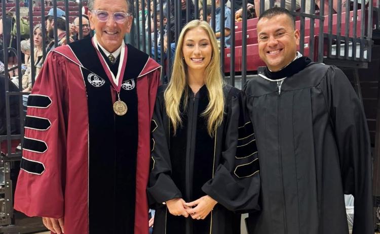West Texas A&M University President Dr. Walter V. Wendler, left, Student Body President Kyal Browne and Wellington High School Principal Jermaine Cantu pause for a photo prior to the West Texas A&M University graduation ceremonies, where Cantu delivered the Alumni Charge at all four graduation proceedings.