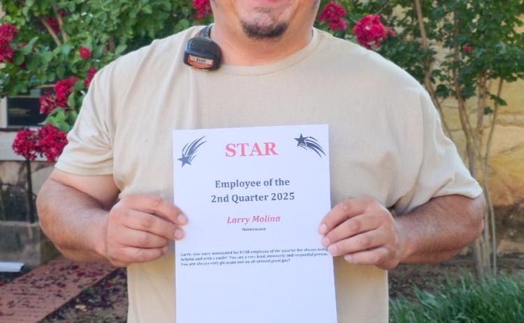 A member of the maintenance staff, Larry Molina accepts the Collingsworth General Hospital STAR honor for the second quarter of 2025. An “all-around great guy”, Molina is applauded for being a very kind, mannerly and respectful person.