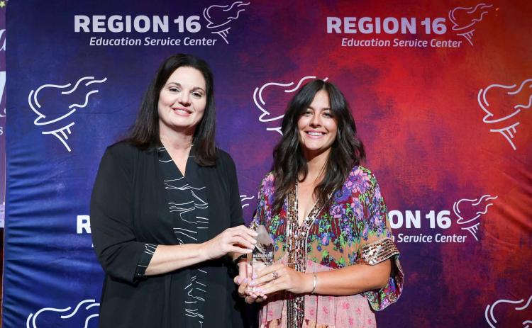 Memphis Middle School English Language Arts (ELA) teacher Haley Ollinger is selected as the 2026 Region 16 Secondary Teacher of the Year, awarded by Region 16 Education Service Center Executive Director Tanya Larkin.