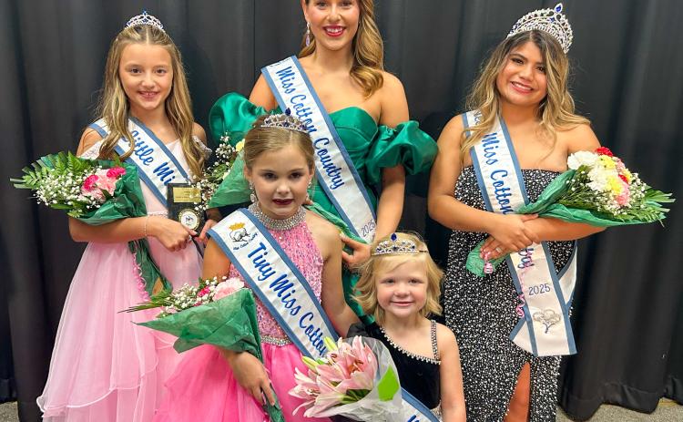 The 2025 Miss Cotton Country court gathers on the stage of Hollis High School Saturday night, Sept. 6. From left: Little Miss Cotton Country Madelynn McMahan, of Altus, Okla.; Tiny Miss Cotton Country Claire Martin, of Altus; Mini Miss Cotton Country Raine Matthews, of Elk City, Okla.; Miss Cotton Country Harlee Gomez, of Wellington; and Teen Miss Cotton Country Raelea Davila, of Wellington.