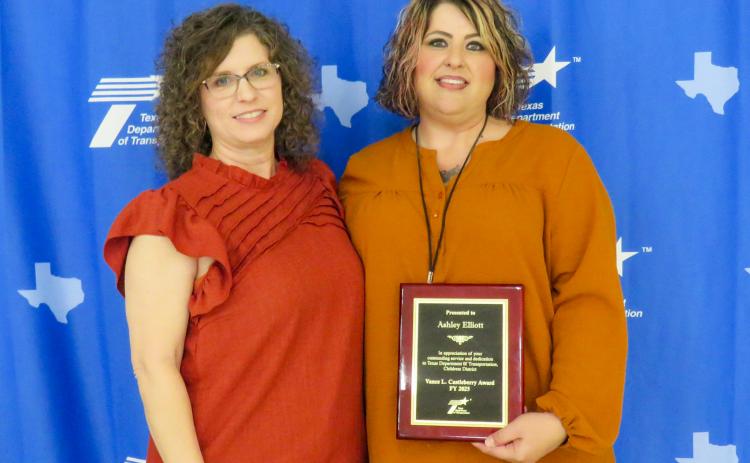 Ashley Elliott, Construction Recordkeeper at the Childress Area Office, is presented with the Vance L. “Huck” Castleberry award. Elliott, right, began her career at TxDOT in 2020 as an HR Generalist, a role she served in until her relocation to the Childress Area Office in 2024.