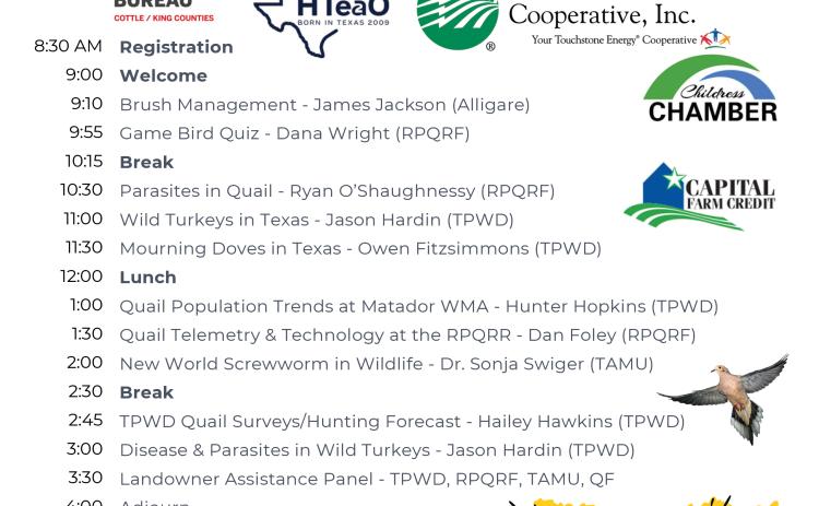 Texas Parks and Wildlife Department will host an Upland Game Bird Program from 8:30 a.m.-4 p.m. Friday, Oct. 17 at Fair Park City Auditorium, 100 Fair Park Dr., in Childress.