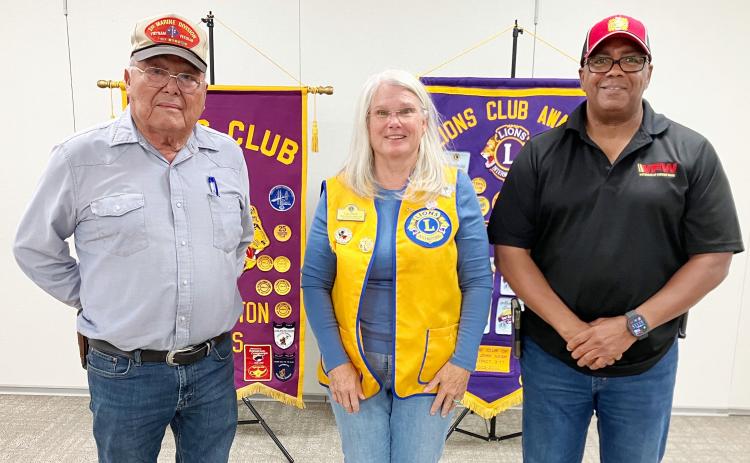 Wellington Boss Lion Lori O’Rear welcomes Glynn Moore Veterans of Foreign Wars Post 6439 Quartermaster Jr. Castillo, left, and Post Commander Rodney Bishop to the Monday, Oct. 6 meeting at the Bura Handley Community Center Club Room. Housed on the first floor of the courthouse, Castillo also serves as the Collingsworth County Veterans Service Officer.
