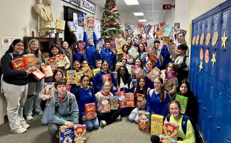 Childress Junior High School (CJHS) seventh-grade Leadworthy students collect over 70 cereal boxes to donate to the Childress Food Pantry. “Service is a core value at CJHS,” CJHS Principal Janet Pierce said. “We believe when we can give to others, we give to ourselves too.”