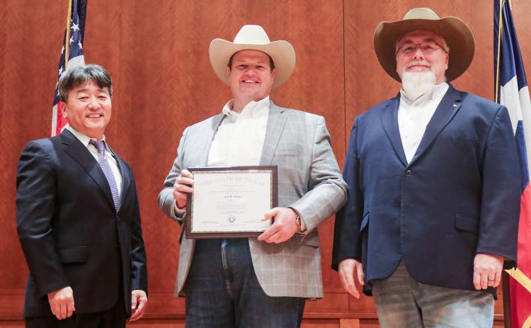 City Administrator of Memphis Jack Owens is awarded the designation of Certified Public Manager (CPM) through the Texas Tech University Department of Political Science, CPM Cohort, at a statewide commencement ceremony Friday, Dec. 5 at the Texas State Capitol in Austin. From left: Dr. Sung-Wook Kwon, Professor and Director of Center for Public Service, Department of Political Science at Texas Tech University; Owens; James Earp, event keynote speaker and City Manager of Hutto.
