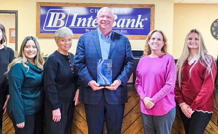 Childress InterBank staff commends the longtime service of Executive Vice President and Community Bank President Chad Holland with a Christmas Open House and Retirement Celebration from 11 a.m.-1:30 p.m. Tuesday, Dec. 9. From left: Personal Banker Katie Hittson, Personal Banker Wendy Salazar, Assistant Vice President Diane Evans, Holland, Vice President Farrah Holcomb, Teller Ashlyn Back and Teller Ruby Santos.