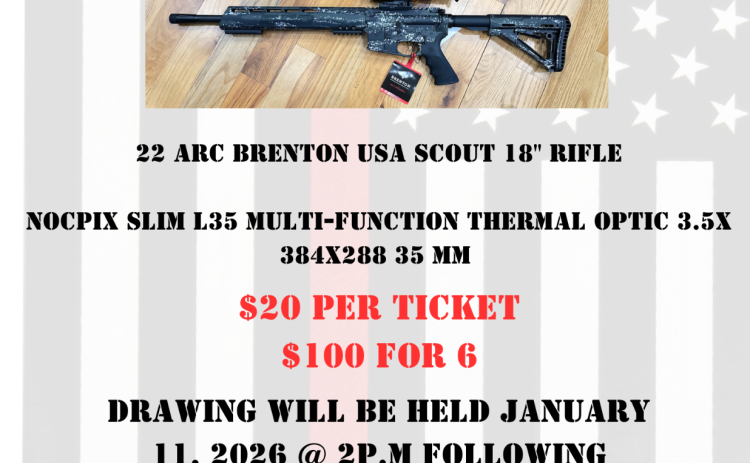 With the prizes provided by Collingsworth County Farm Bureau, the Wellington Volunteer Fire Department gun and thermal raffle will take place during the annual varmint hunt weigh-in at 2 p.m. Sunday, Jan. 11 at the fire department. The winner of the 22 Arc Brenton USAS Scout 18” rifle must be 18 years old and pass a background check. For more information, contact Ethan Cummings, 806-204-1309.