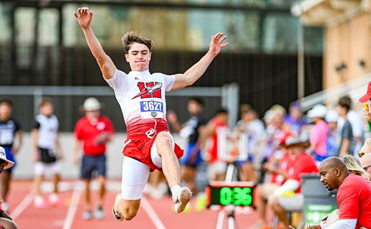 Also competing for the Rockets, Jimmy “Jax” Cantu takes eighth in the Men’s 2A Long Jump at the UIL Texas State Track and Field Championships Saturday, May 16 at The University of Texas at Austin, securing a jump of 21-01.75. MICAH MCCARTNEY/THE GREENBELT INTREPID