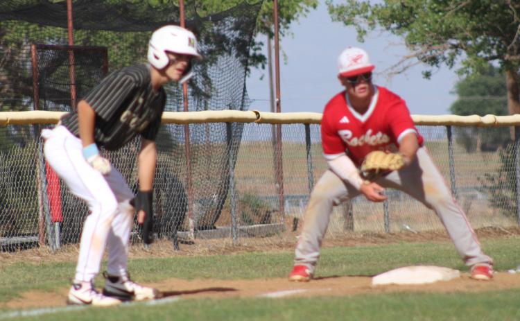 Wellington’s Hunter Hedrick guards the base as the Skyrockets defeat the Memphis Cyclones in a 10-0 shutout Friday, April 24. SHAUNA SALINAS/THE GREENBELT INTREPID
