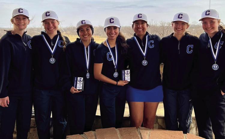 The Childress Lady Cat golf team currently holds three first-place team finishes, as well as one third-place team finish. From left: Harlie Meacham, Emma Jalomo, Isa Jurado, Elena Jurado, Cassandra Castor, Joslynn Roark, Colee Cox. Courtesy Photos