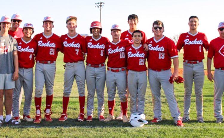 The Wellington Skyrockets open district with a 16-6 win over the Quanah Indians Tuesday, March 24 in Wellington. From left: Lawson Inman, Assistant Coach Greg Proffitt, Trevyn Wiebe, Cix Killian, Jax Heflin, Alex Orozco, Colton Jernigan, Leo Granadoz, Dahmian Salinas, Hunter Hedrick, Major Brown, Coach Jeff Anderson The Red River Sun/Shauna Salinas