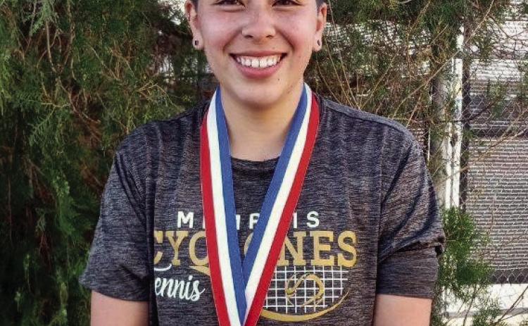 Memphis High School senior Corrina Torres takes a thirdplace finish in the girls’ singles during the District Tennis Tournament in Vernon Tuesday, March 21. Photo Courtesy of Memphis ISD