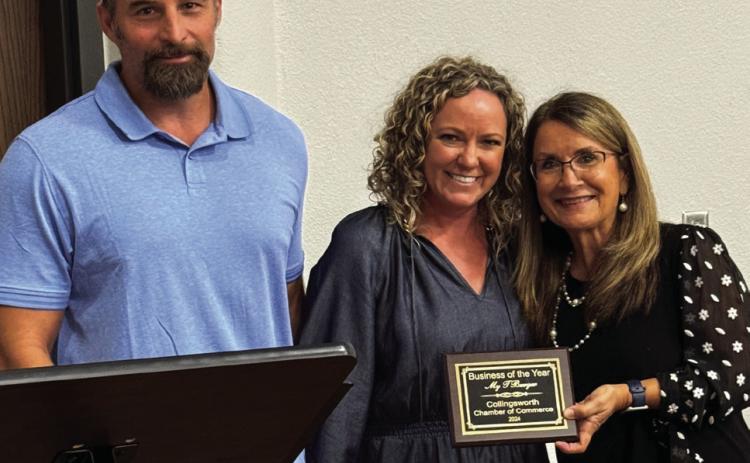 Collingsworth County Chamber of Commerce hosted its 2024 Awards Banquet at 6:30 p.m. Saturday, Oct. 19 in the ballroom of the Bura Handley Community Center. The Business of the Year award is presented to My-T-Burger owners Jason and Kristi Folk, left, by Collingsworth County Chamber of Commerce President Karen Caldwell. Photos Courtesy of Collingsworth County Chamber of Commerce