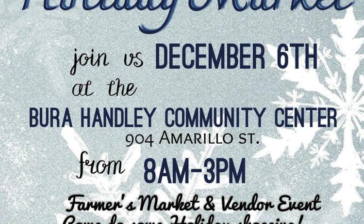 Set for 8 a.m.-3 p.m. Saturday, Dec. 6 at the Bura Handley Community Center, Wellington Farmer’s Market is hosting a farmer’s market and vendor event. Holiday shoppers are invited to explore handmade and home-grown items, along with additional categories of gifts and treasurers. Interested in being a vendor for only $10? Contact Paige Owen, 806-340-2142, by Monday, Dec. 1. Vendors should plan on bringing any tables or props for the 10’x10’ booth space. Wellington Farmer’s Market